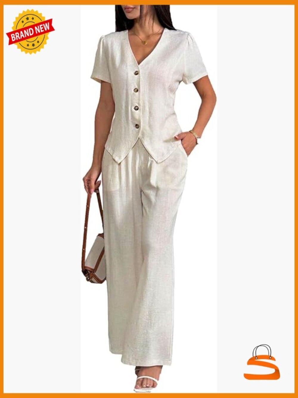 Linen 2 Piece Outfits Summer Short Sleeve V Neck Shirts Dressy Casual Sets Wide